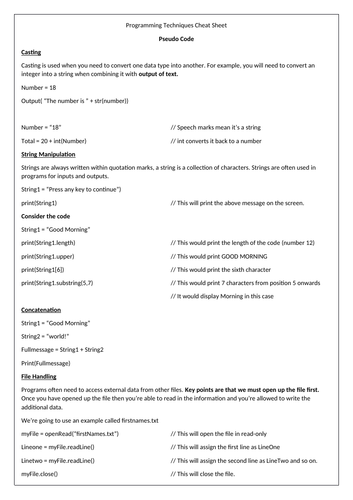 Year 11 - Pseudo Code - Cheat Sheet - OCR Computer Science