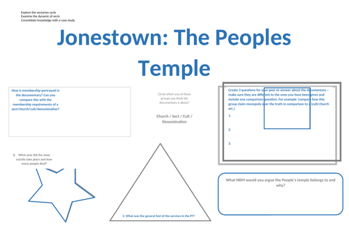 Jonestown worksheet to use with Jonestown: The Peoples Temple documentary AQA SOCIOLOGY