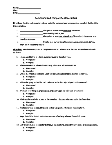 Compound And Complex Sentences Quiz Teaching Resources