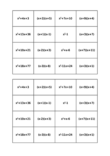 Factorising or Expanding quadratic equations - pairsgame