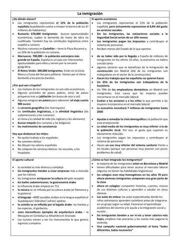 Spanish A Level la inmigración en España: revision sheet on immigration in Spain