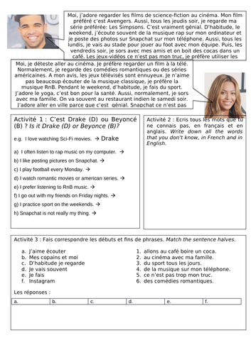 free time activities worksheet KS3