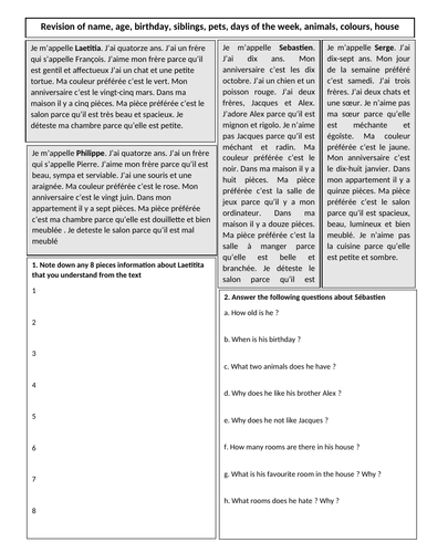 French Beginners - Narrow reading texts revising  name, age, birthday, siblings, pets, days of