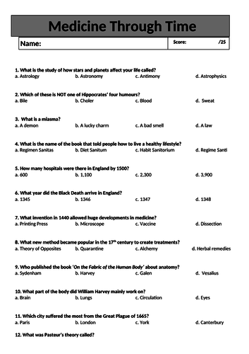 Edexcel GCSE Medicine through Time quiz