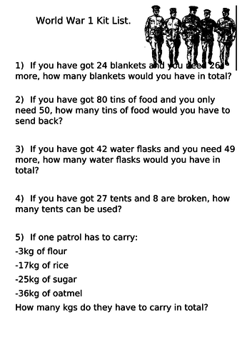 WW1 kit list Maths problems