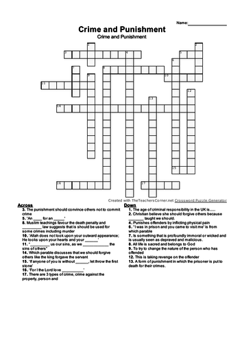 Crime and Punishment Crossword AQA Teaching Resources