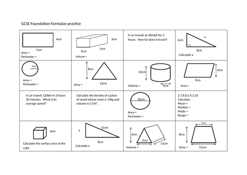 Gcse Maths Formulae Practice Worksheet Foundation Teaching Resources