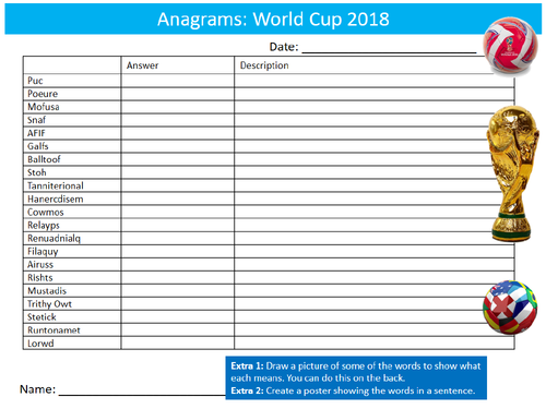 World Cup 2018 Anagrams Puzzle Sheet Starter Activity Keywords Cover PE Sport
