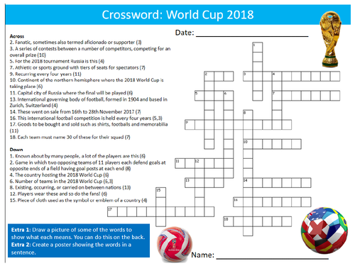 World Cup 2018 Crossword Puzzle Sheet Starter Activity Keywords Cover PE Sport