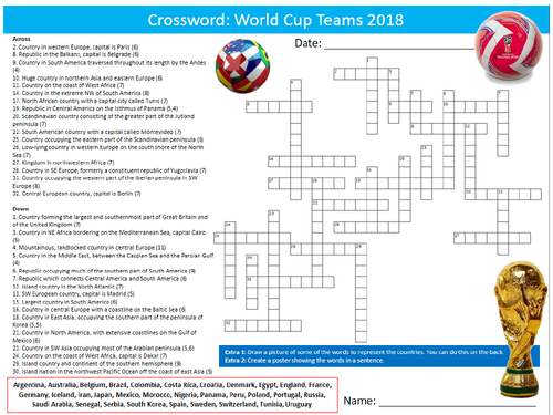 world cup 2018 teams crossword puzzle sheet starter activity keywords cover pe sport teaching resources