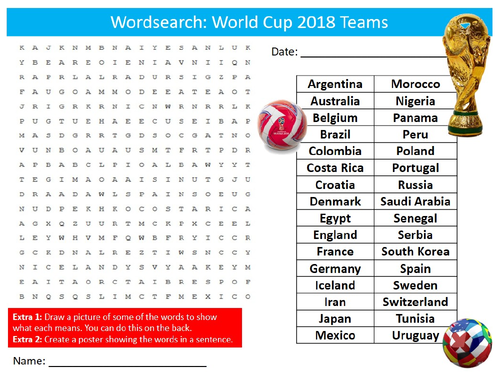 World Cup Teams 2018 Wordsearch Puzzle Sheet Starter Activity Keywords Cover PE Sport