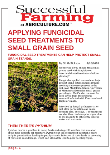 Ezine article - Applying fungicidal seed treatments to small grain seed