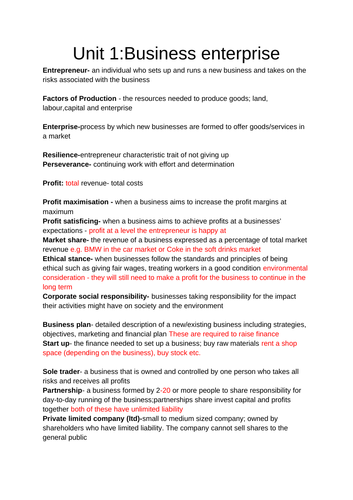 IAL Business Studies Unit 1 and Unit Two Key Terms