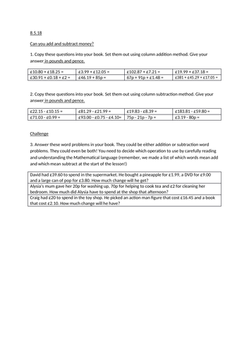 Adding and subtracting money, LKS2/KS2