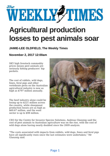 Ezine article: Agricultural losses to pest animals soar