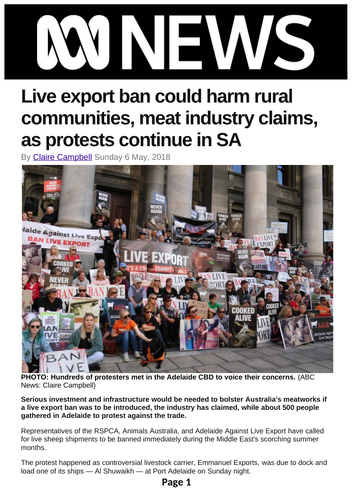 Ezine article - Live export ban could harm rural communities