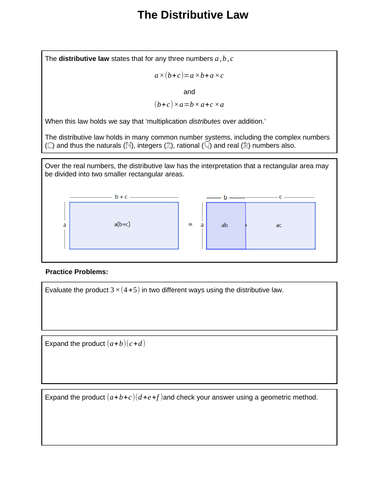 Distributive Law Worksheet with Problems and Solutions (.docx)