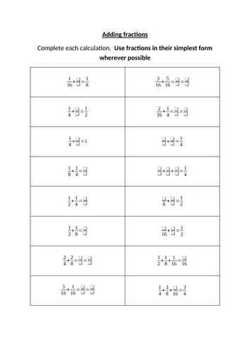 Adding fractions mastery style worksheet with answers