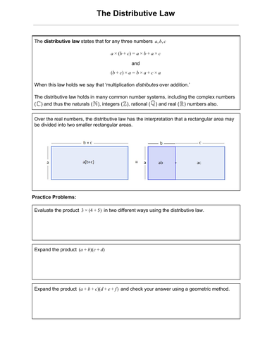 Distributive Law Worksheet with Problems and Solutions (.pdf)