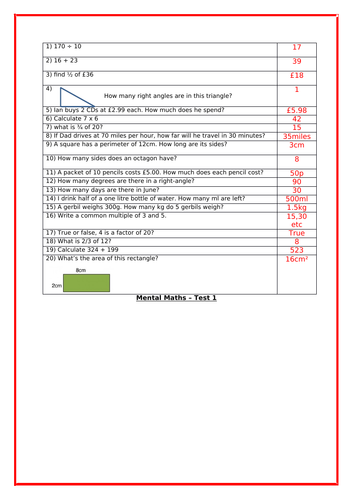 Year 3 and 4 mental maths tests