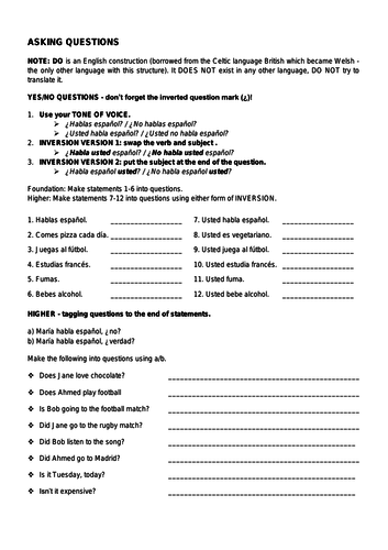 Spanish How to ask questions worksheet