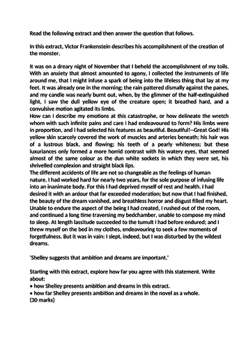 AQA Frankenstein exam style question on dreams with possible answers.