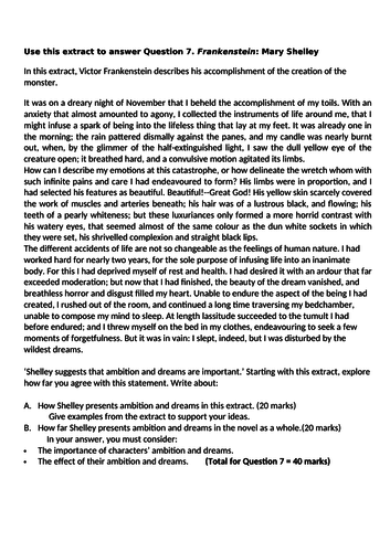 This is an Edexcel Frankenstein exam style question worksheet on dreams with possible answers.