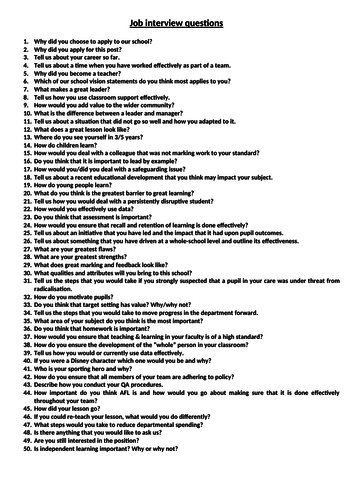 a list of 50 job interview question head of faculty department or teacher