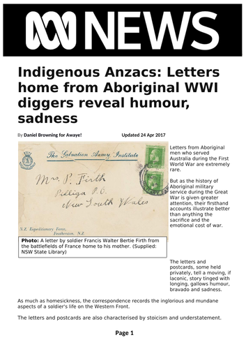 Ezine article - Indigenous Anzacs: Letters home from Aboriginal WWI diggers reveal humour, sadness