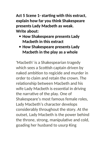 Grade 9 Macbeth exemplar essay Act V Scene I Lady Macbeth as weak