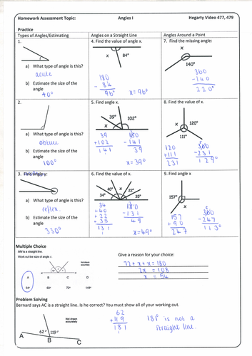 Angles on a Straight Line and Around a Point Homework with Answers