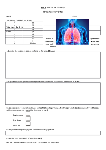 IGCSE PE (new spec 2018) 2.1/2/3 Respiratory System Exam