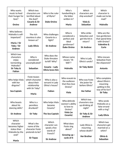 Twelfth Night Bingo Cards - Revision