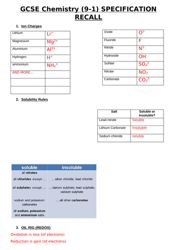GCSE Chemistry (9-1) EXAM RECALL Summary - Worksheet with Answer sheet