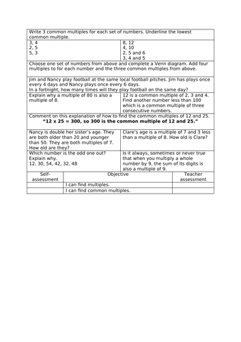 Year 6 mastery multiples sheet