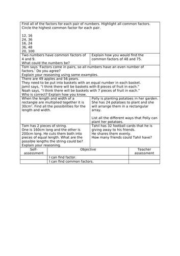 Year 6 mastery factors worksheet