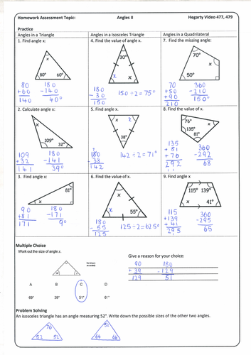 Angles in a Triangle and Quadrilateral Homework with Answers