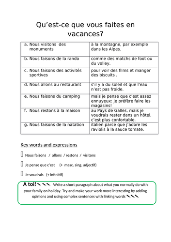 holiday activities using nous + present tense