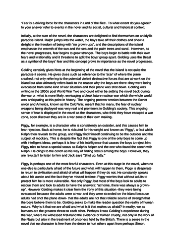 Exemplar essay Lord of the Flies WJEC 'Fear is a driving force'