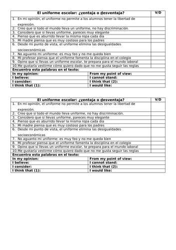 GCSE Spanish el uniforme escolar: quick reading activity, advantages and disadvantages