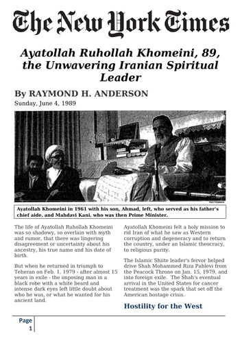 Newspaper article - Ayatollah Khomeini Unwavering Iranian Spiritual Leader