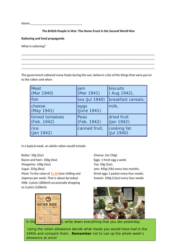 Rationing and Dig for Victory worksheet