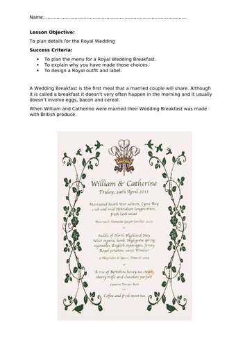 Royal Wedding Menu worksheet