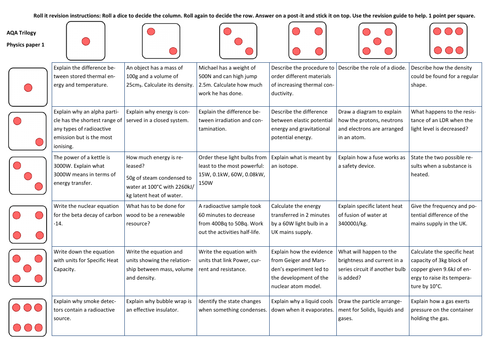 Combined Physics - Paper 1 - Roll It (dice) -Revision sheet