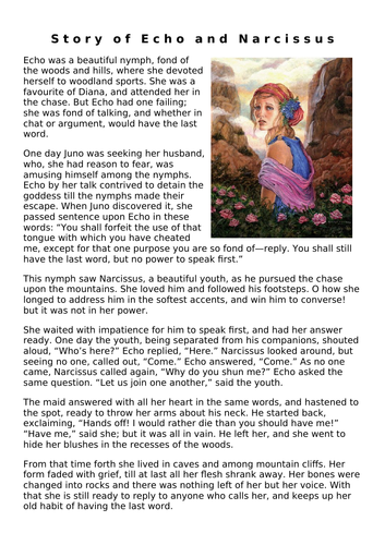 Myths and Legends:  'Story of Echo and Narcissus' - Text and Questions