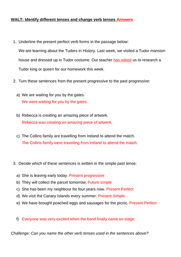 KS2 Verb Tenses KS2 SPaG Challenges
