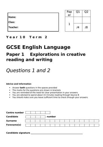 AQA Paper 1, Q1 & 2 and Paper 2, Q1 & 2 (2 Texts and Exam Paper Style Questions)
