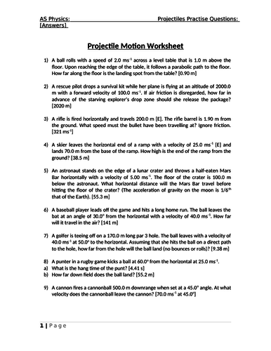 AS Physics Projectile Motion Worksheet with Answers Edexcel OCR AQA