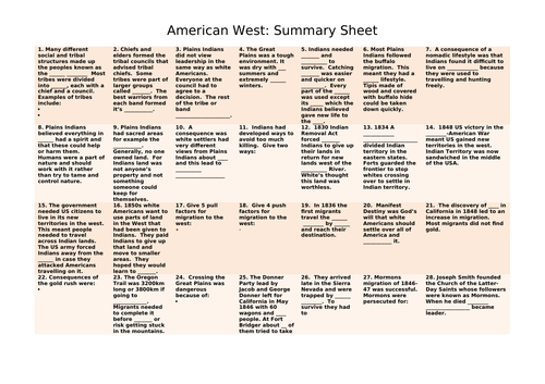 9-1 GCSE History: American West Gap Fill Worksheet