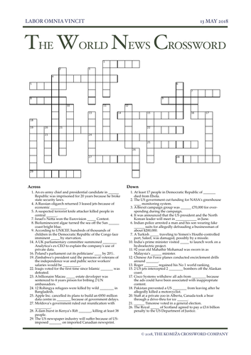 The World News Crossword - May 13th, 2018